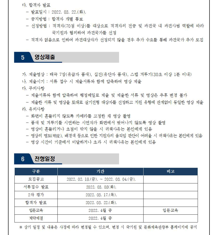﻿다. 합격자 발표 | 발표일시: 2022. 03. 22.(화).| - 공지방법: 합격자 개별 통보 | - 선정방법 : 적격자(70점 이상)를 대상으로 적격자의 전공 및 파견국 내 파견사범 역할에 따라 국기원과 협의하여 파견국가를 선정 | -적격자 없음으로 인하여 파견대상자가 선정되지 않을 경우 추가 수요를 통해 파견국가 추가 모집 | 5 영상제출 | 가. 제출영상: 태극 7장(유급자 품새), 십진(유단자 품새), 스텝 겨루기(30초 이상 1분 이내) | 나. 제출시기 : 서류 접수 시 제출서류와 함께 압축하여 영상 제출 | 다. 주의사항 - 제출서류와 함께 압축하여 행정메일로 제출 및 제출한 서류 및 영상은 추후 변경 불가 제출한 서류 및 영상을 토대로 실기전형 대상자를 선정하고 지원 유형에 관계없이 동일한 영상 제출 | 라. 유의사항 | 화면이 흔들리지 않도록 카메라를 고정한 채 영상 촬영 | - 품새 및 겨루기를 시연하는 시연자가 화면에서 벗어나지 않도록 영상 촬영 | -영상이 흔들리거나 초점이 맞지 않을 시 귀책사유는 본인에게 있음  | 영상의 명도(明), 배경색 등으로 인한 지원자의 움직임 판단이 어려울 시 귀책사유는 본인에게 있음 | - 영상 시간이 기준에서 미달하거나 초과 시 귀책사유는 본인에게 있음 | 6 전형일정 | 구분|  기간 | 비고 | 모집공고 | 2022. 02. 18.(금). ~ 2022. 03. 04.(금). | 서류접수 발표 | 2022. 03. 08(화). | 2차 평가 2022. 03. 17.(목). | 합격자 발표 2022. 03. 22.(화). | 입문교육 |2022. 4월 중 |입문교육 | 계약체결 |2022. 4월 중 | ※상기 일정 및 내용은 사정에 따라 변경될 수 있으며, 변경 시 국기원 및 문화체육관광부 홈페이지에 공지