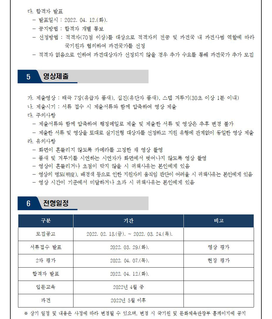 다. 합격자 발표 | - 발표일시 : 2022.04.12.(화). | - 공지방법 : 합격자 개별 통보 | - 선정방법 : 적격자(70점 이상)를 대상으로 적격자의 전공 및 파견국 내 파견사범 역할에 따라 국기원과 협의하여 파견국가를 선정 | - 적격자가 없음으로 인하여 파견대상자가 선정되지 않을 경우 추가 수요를 통해 파견 국가 추가 모집 | 5 영상제출 | 가. 제출영상 : 태극 7장(유급자 품새), 십진(유단자 품새), 스텝 겨루기(30초 이상 1분 이내) | 나. 제출시기 : 서류 접수 시 제출 서류와 함께 압축하여 영상 제출 | 다. 주의사항 - 제출서류와 함께 압축하여 행정메일로 제출 및 제출한 서류 및 영상은 추후 변경 불가 | - 제출한 서류 및 영상을 토대로 실기전형 대상자를 선정하고 지원 유형에 관계없이 동일한 영상 제출 | 라. 유의사항 | -화면이 흔들리지 않도록 카메라를 고정한 채 영상 촬영 | - 품새 및 겨루기를 시연하는 시연자가 화면에서 벗어나지 않도록 영상 촬영 | - 영상이 흔들리거나 초점이 맞지 않을시 귀책사유는 본인에게 있음 | -영상의 명도(明度), 배경색 등으로 인한 지원자의 움직임 판단이 어려울 시 귀책사유는 본인에게 있음 | - 영상 시간이 기준에 미달하거나 초과 시 귀책사유는 본인에게 있음 | 6 전형일정 | 구분 | 기간 | 비고 | 모집공고 | 2022.02.18.(금).~2022.03.24.(목). | 서류접수 발표 | 2022.03.29(화). | 비고 | 영상 평가 | 2차 평가 | 2022.04.07.(목) | 비고 | 현장 평가 | 합격자 발표 | 2022.04.12.(화). | 입문교육 | 2022년 4월 중 | 파견 | 2022년 5월 이후 | ※ 상기 일정 및 내용은 사정에 따라 변경될 수 있으며, 변경 시 국기원 및 문화체육관광부 홈페이지에 공지
