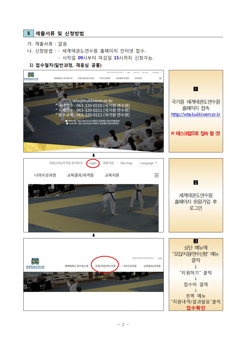 5 제출서류 및 신청 방법 | 가. 제출서류 : 없음 | 나. 신청방법: -세계태권도연수원 홈페이지 인터넷접수. | -시작일 09시부터 마감일 15시까지 신청가능. | 1) 접수정차(일반과정, 재응심 공통) | 1 국기원 세계태권도연수원 홈페이지 접속 | http://wta.kukkiwon.or.kr | ※데스크탑으로 접속 할 것! | 2 세계태권도연수원 홈페이지 회원가입 후 로그인 | 3 상단 메뉴에 '모집/지원/연수신청' 메뉴 클릭 | ->'지원하기' 클릭 -> | 접수비 결제 -> | 왼쪽 메뉴 '지원내역/결과발표' 클릭 접수 확인 -2-