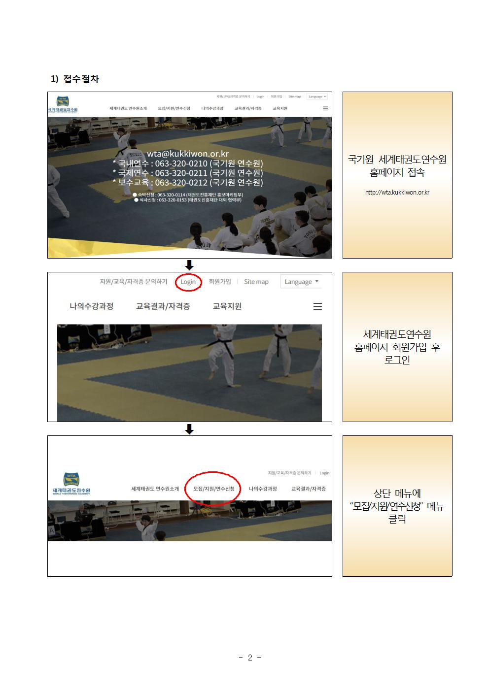 ﻿1) 접수절차 | 국기원 세계태권도연수원 홈페이지 접속 http://wta.kukkiwon.or.kr | 세계태권도연수원 홈페이지 회원가입 후 로그인 | 상단 메뉴에 '모집/지원/연수신청' 메뉴 클릭