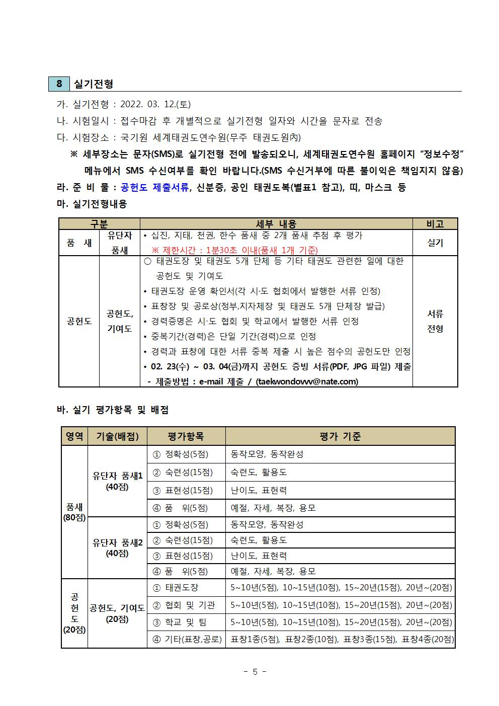 8 실기전형 | 가. 실기전형: 2022. 03. 12.(토) | 나. 시험일시: 접수마감 후 개별적으로 실기전형 일자와 시간을 문자로 전송 | 다. 시험장소 : 국기원 세계태권도연수원(무주 태권도원) | ※ 세부장소는 문자(SMS)로 실기전형 전에 발송되오니, 세계태권도연수원 홈페이지 '정보수정' 메뉴에서 SMS 수신여부를 확인 바랍니다.(SMS 수신거부에 따른 불이익은 책임지지 않음) | 라. 준비물 : 공헌도 제출서류, 신분증, 공인 태권도복(별표1 참고), 띠, 마스크 등 | 마. 실기전형내용 | 구분 | 품새  |유단자 품새 | 세부 내용 | 십진, 지태, 천권, 한수 품새 중 2개 품새 추첨 후 평가 | ※ 제한시간 : 1분30초 이내(품새 1개 기준) | 공헌도, 기여도 | ○태권도장 및 태권도 5개 단체 등 기타 태권도 관련한 일에 대한 비고 실기 공헌도 및 기여도 | 태권도장 운영 확인서(각 시·도 협회에서 발행한 서류 인정) | 표창장 및 공로상(정부, 지자체장 및 태권도 5개 단체장 발급) | 경력증명은 시·도 협회 및 학교에서 발행한 서류 인정 기여도 | 중복기간(경력)은 단일 기간(경력)으로 인정 | 경력과 표창에 대한 서류 중복 제출 시 높은 점수의 공헌도만 인정 | •02.23(수) ~ 03.04(금)까지 공헌도 증빙 서류(PDF, JPG 파일) 제출 | 제출방법 : e-mail 제출 / (taekwondow@nate.com) | 바. 실기 평가항목 및 배점 | 영역 | 기술(배점) | 평가항목 | 평가 기준 | 품새 (80점) | 유단자 품새1 (40점) |1 정확성(5점) 동작모양, 동작완성 |  2 숙련성(15점) | 숙련도, 활용도 | 3 표현성(15점) | 난이도, 표현력  | 4 품위(5점) | 예절, 자세, 복장, 용모 | 유단자 품새2 (40점) | 1 정확성(5점)  | 동작모양,  동작완성 | 2 숙련성(15점) | 숙련도, 활용도 | 3 표현성(15점) | 난이도, 표현력 | 4 품위(5점) | 예절, 자세, 복장, 용모 | 공헌도, 기여도 (20점) | 1 태권도장 | 5~10년(5점), 10~15년(10점), 15~20년(15점), 20년~(20점) | 2 협회 및 기관 | 5~10년(5점), 10~15년(10점), 15~20년(15점), 20년~(20점) | 3 학교 및 팀 | 5~10년(5점), 10~15년(10점), 15~20년(15점), 20년~(20점) | 4 기타(표창,공로) | 표창1종(5점), 표창2종(10점), 표창3종(15점), 표창4종(20점) - 5page- 