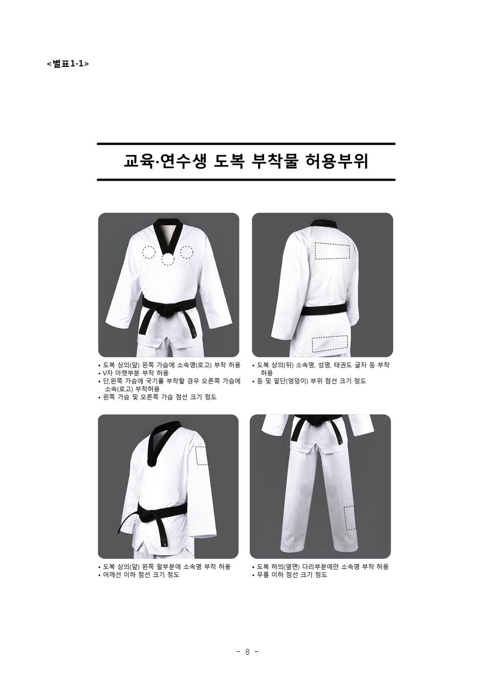 <별표1-1> | 교육·연수생 도복 부착물 허용부위 | • 도복 상의(앞) 왼쪽 가슴에 소속명(로고) 부착 허용 | •V자 아랫부분 부착 허용 | •단, 위쪽 가슴에 국기를 부착할 경우 오른쪽 가슴에 소속(로고)부착허용 | •왼쪽 가슴 및 오른쪽 가슴 점선 크기 정도 | •도복 상의(뒤) 소속명, 성명, 태권도 글자 등 부착 허용 | • 등 및 밑단(엉덩이) 부위 점선 크기 정도 | • 도복 상의(앞) 왼쪽 팔부분에 소속명 부착 허용 | • 어깨선 이하 점선 크기 정도 | • 도복 하의(옆면) 다리부분에만 소속명 부착 허용 | • 무릎 이하 점선 크기 정도 -8-
