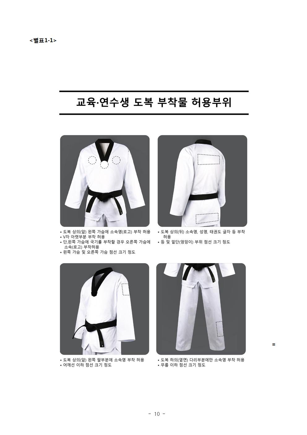 <별표1-1> | 교육·연수생 도복 부착물 허용부위 | • 도복 상의(앞) 왼쪽 가슴에 소속명(로고) 부착 허용 | •V자 아랫부분 부착 허용 | •단, 위쪽 가슴에 국기를 부착할 경우 오른쪽 가슴에 소속(로고)부착허용 | •왼쪽 가슴 및 오른쪽 가슴 점선 크기 정도 | •도복 상의(뒤) 소속명, 성명, 태권도 글자 등 부착 허용 | • 등 및 밑단(엉덩이) 부위 점선 크기 정도 | • 도복 상의(앞) 왼쪽 팔부분에 소속명 부착 허용 | • 어깨선 이하 점선 크기 정도 | • 도복 하의(옆면) 다리부분에만 소속명 부착 허용 | • 무릎 이하 점선 크기 정도 -10-
